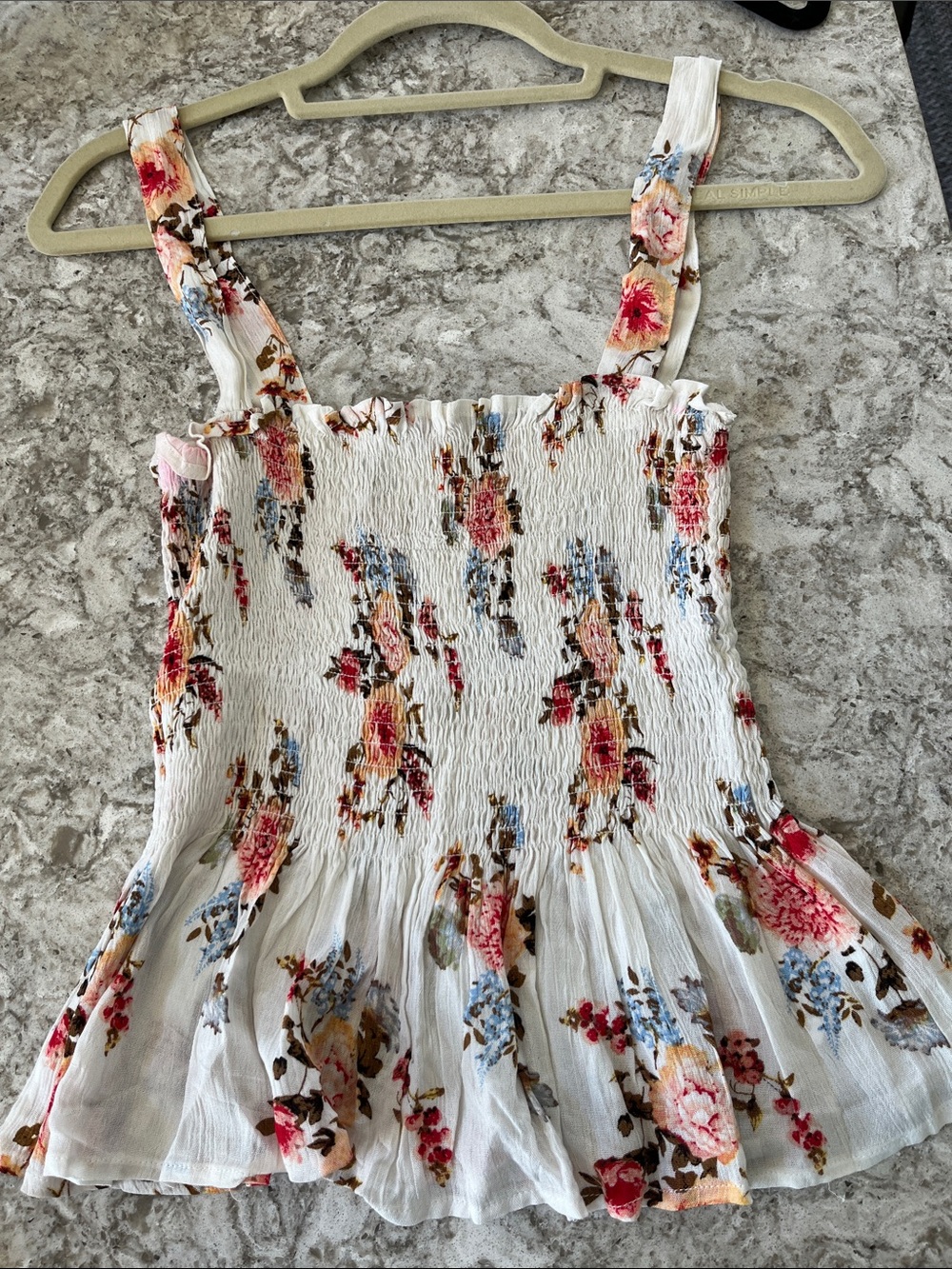 Paradise Women's Cream Floral Smocked Tank 100% Rayon Sz M